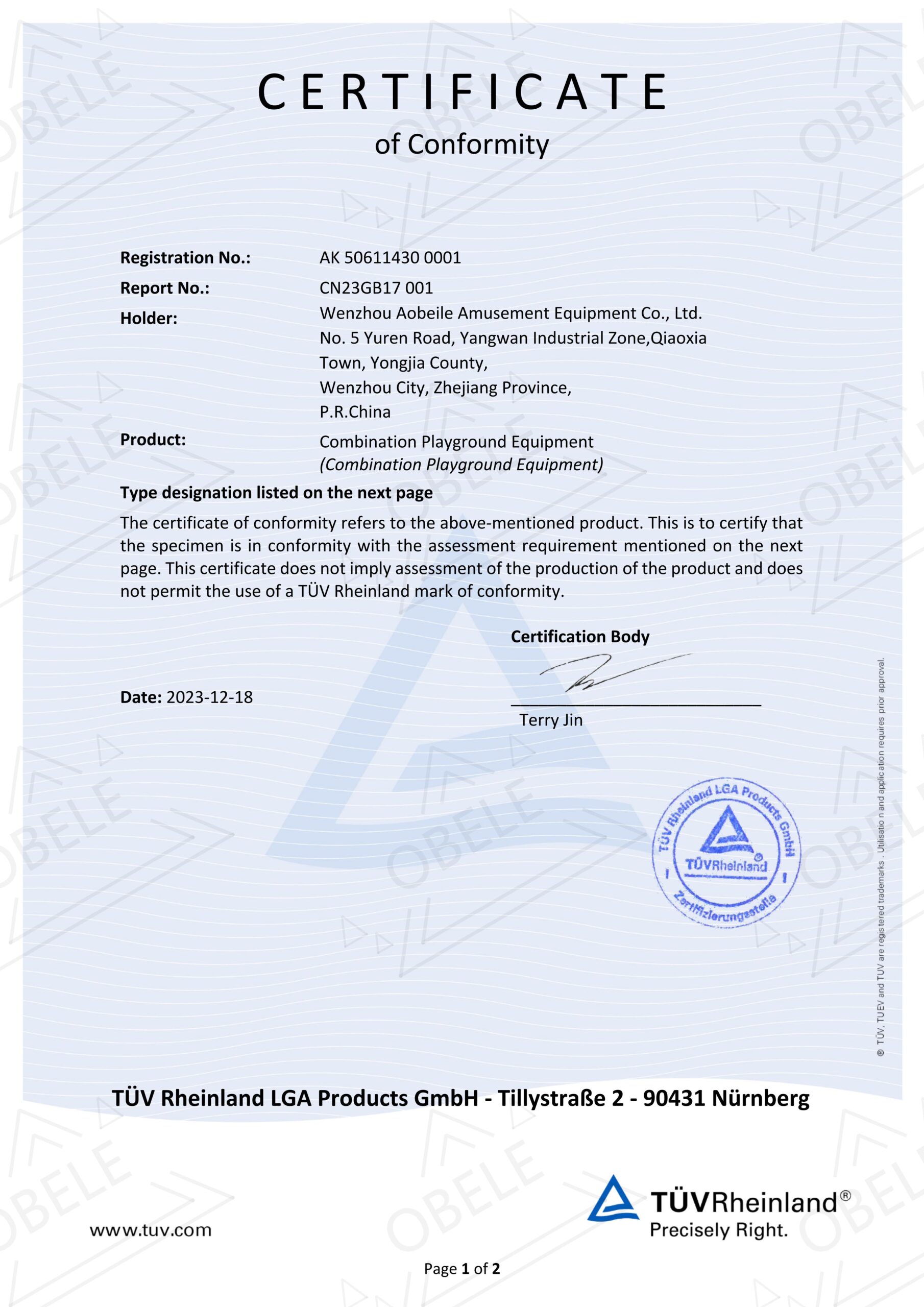 Canadian TUV Indoor Playground & Slide Certificate