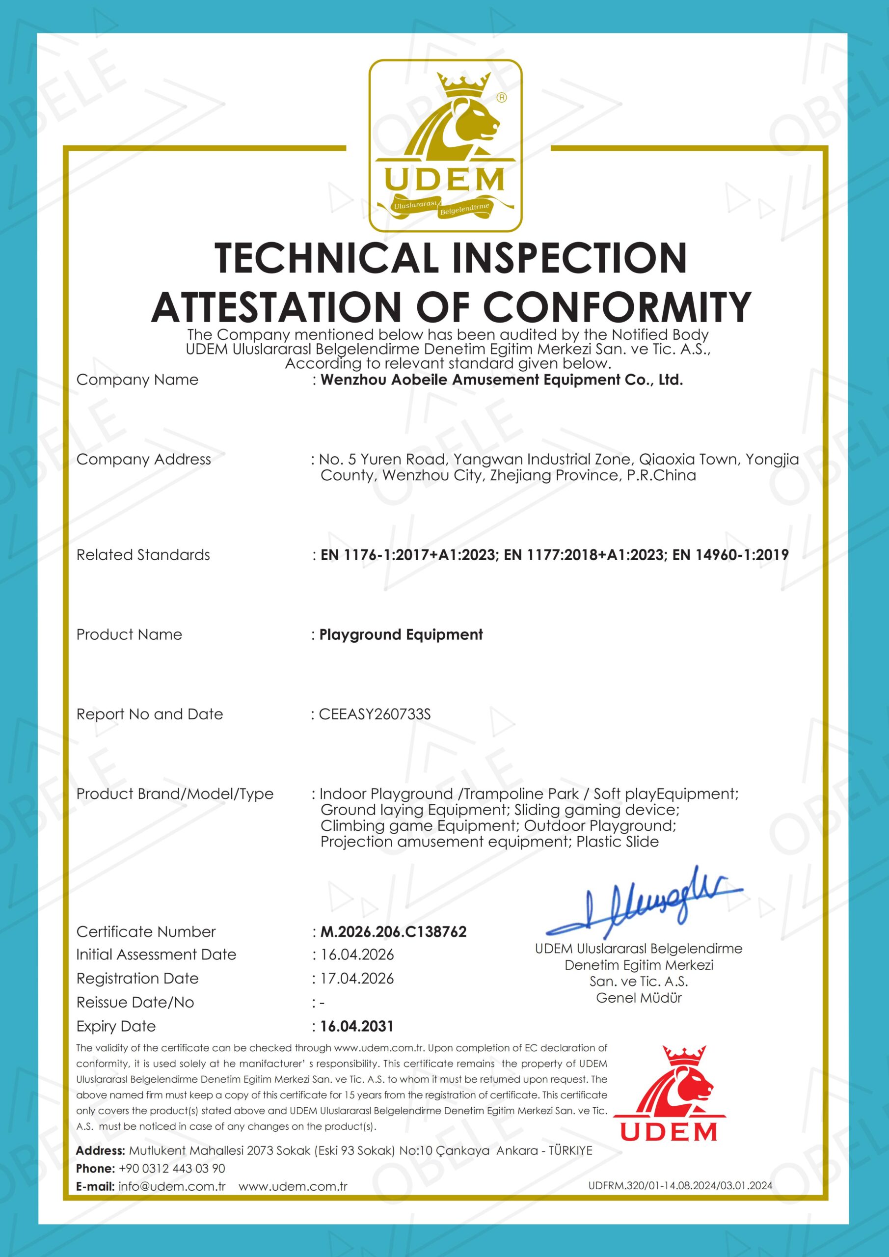 EU UDEM-CE Indoor Playground Certificate