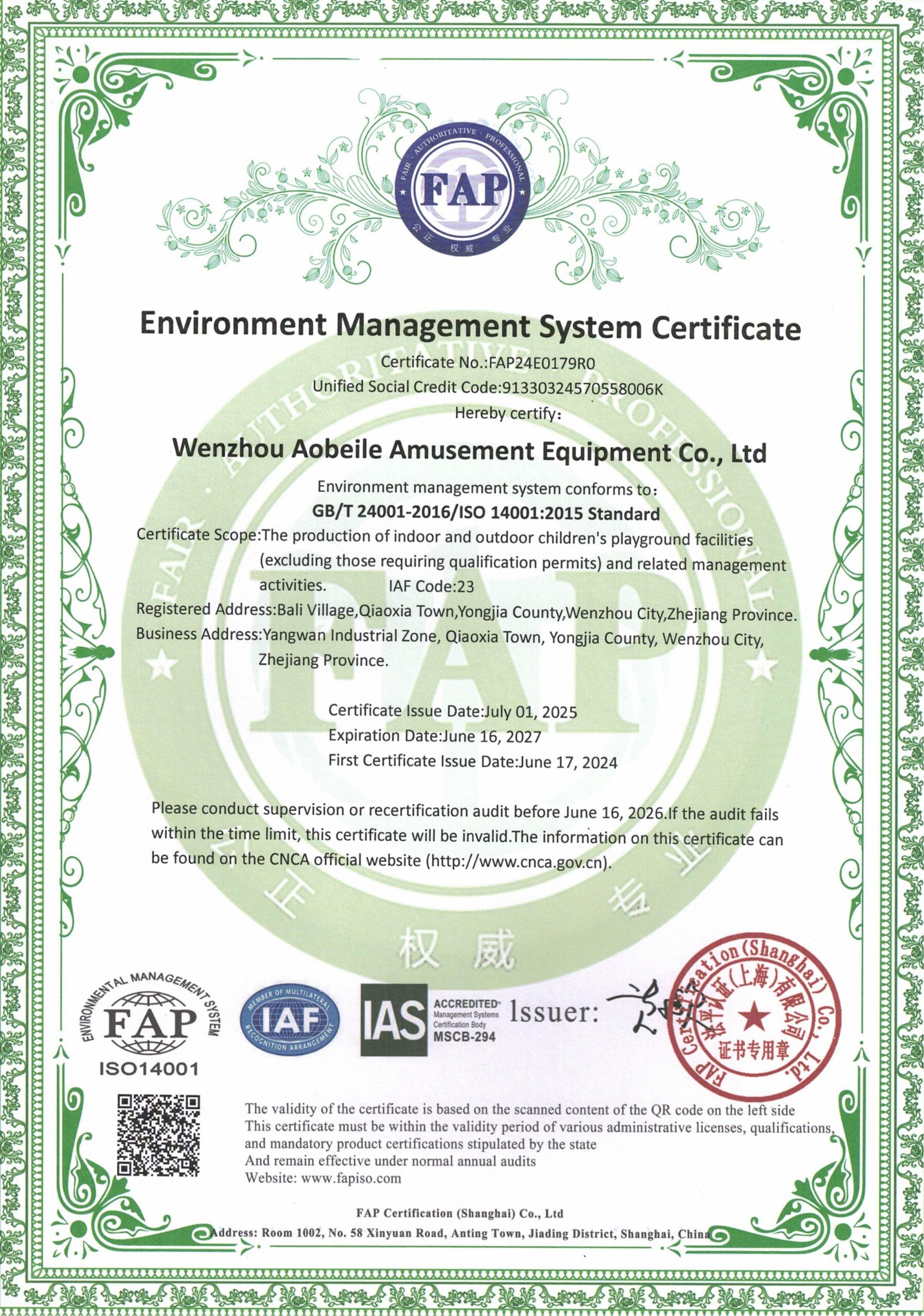 ISO14001 Environmental Standard Certificate